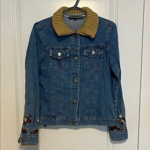 DKNY Blue Denim Jacket with Tan Collar and Embroidery